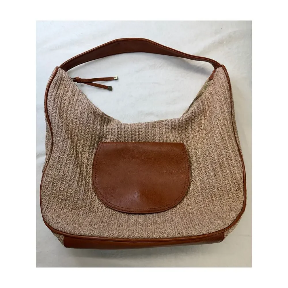 Anthropologie Urban Originals Oversized Woven Raffia Straw Handbag LeatherPocket